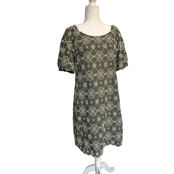 Talbots Green Embroidered Puff Sleeve Dress Size 10 Boho‎ Eyelet Floral Shift - Picture 2 of 9